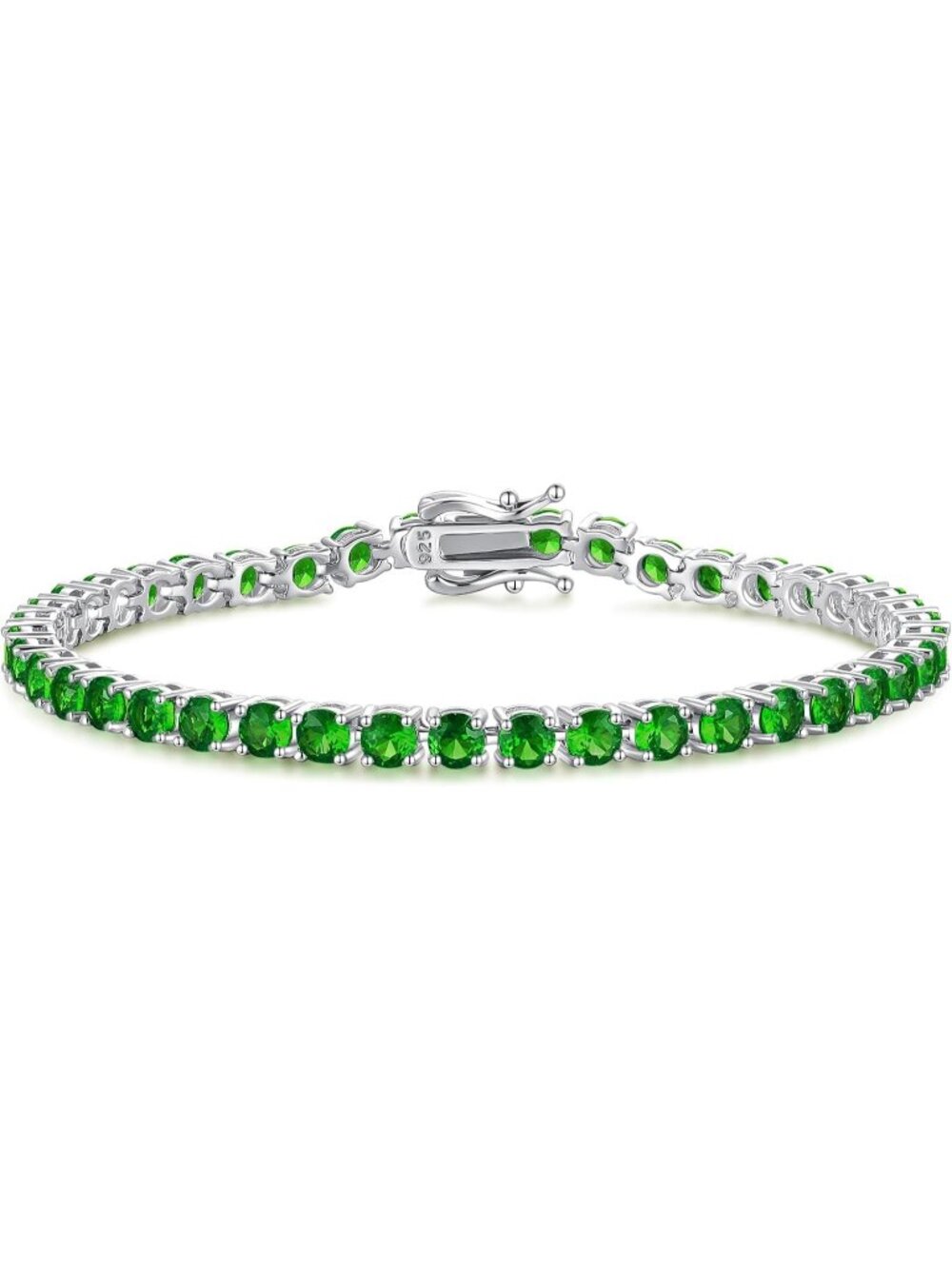 Women's 7.2 Inch 4mm Emerald Green Sterling Silver Birthstone Gemstone Bracelet